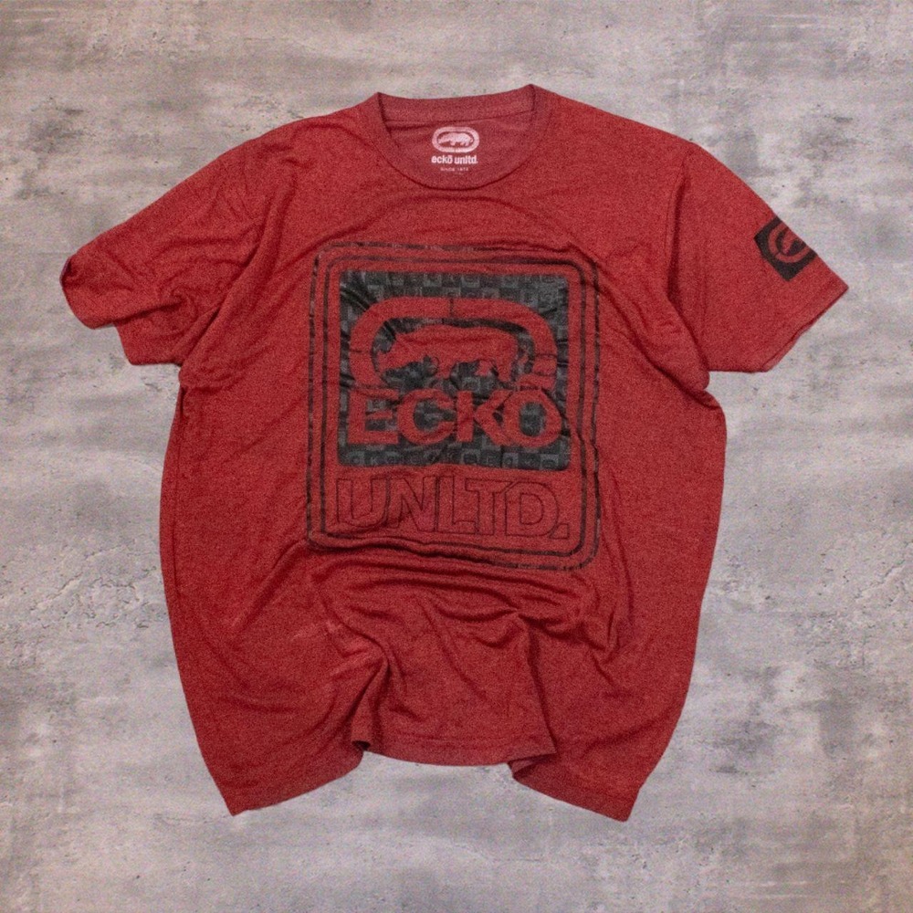 Y2K Style Ecko Unlimited Big Print Burgundy Red Double Stitch T-Shirt - Picture 3 of 8